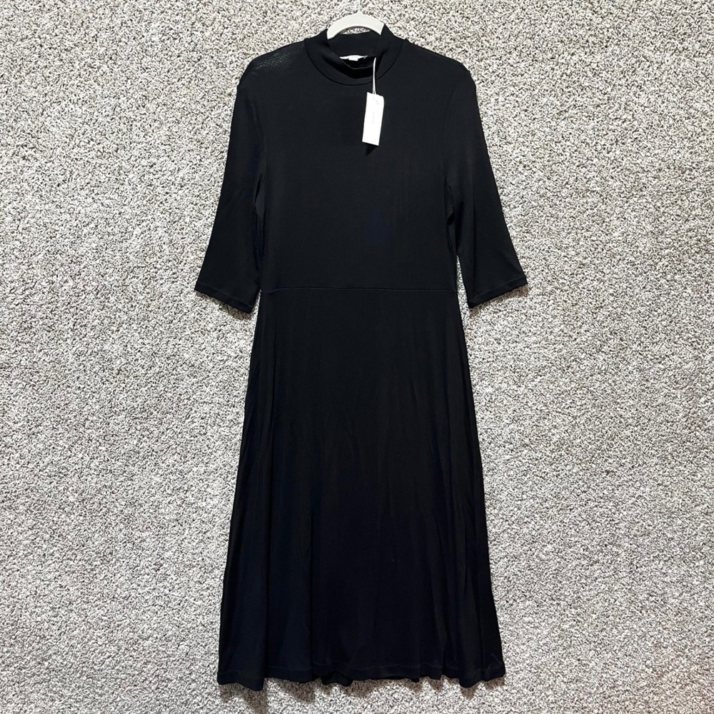 Vince Dress Women's Large Black Elbow Sleeve Mock Neck Fit and Flare Midi NWT - Picture 2 of 9